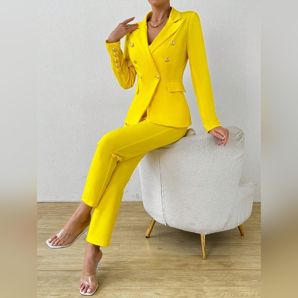Women's Solid Color Double Breasted Long Sleeve Suit Jacket And Pants